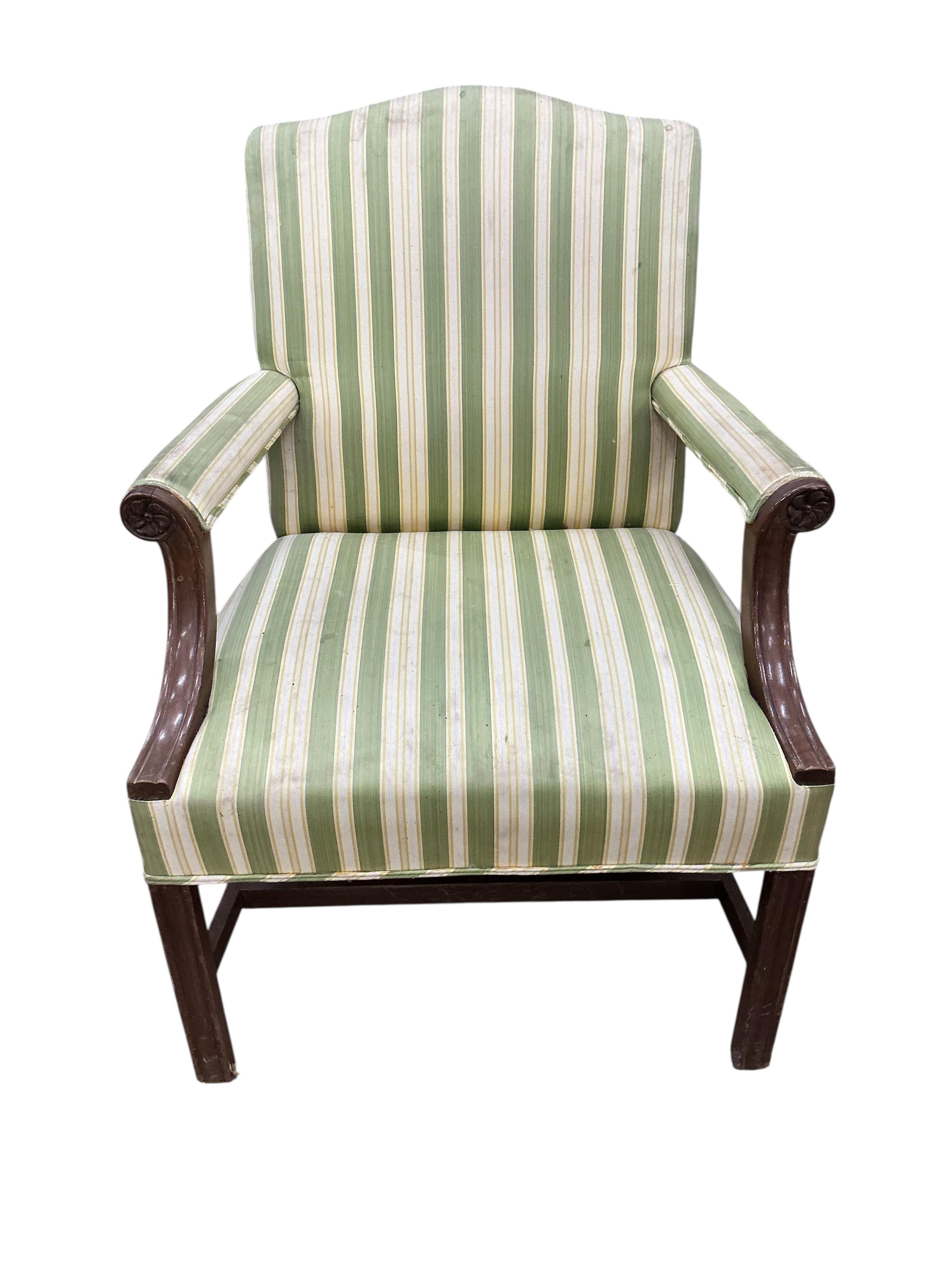 A set of five reproduction Gainsborough style upholstered mahogany elbow armchairs, width 66cm, depth 58cm, height 96cm